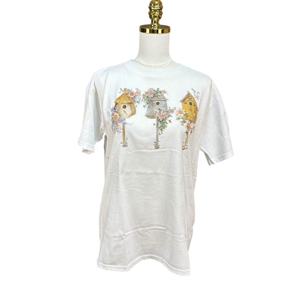 Vintage‎ Arts Uniq. White Birdhouse Floral Graphic T-Shirt Womens M Cottagecore